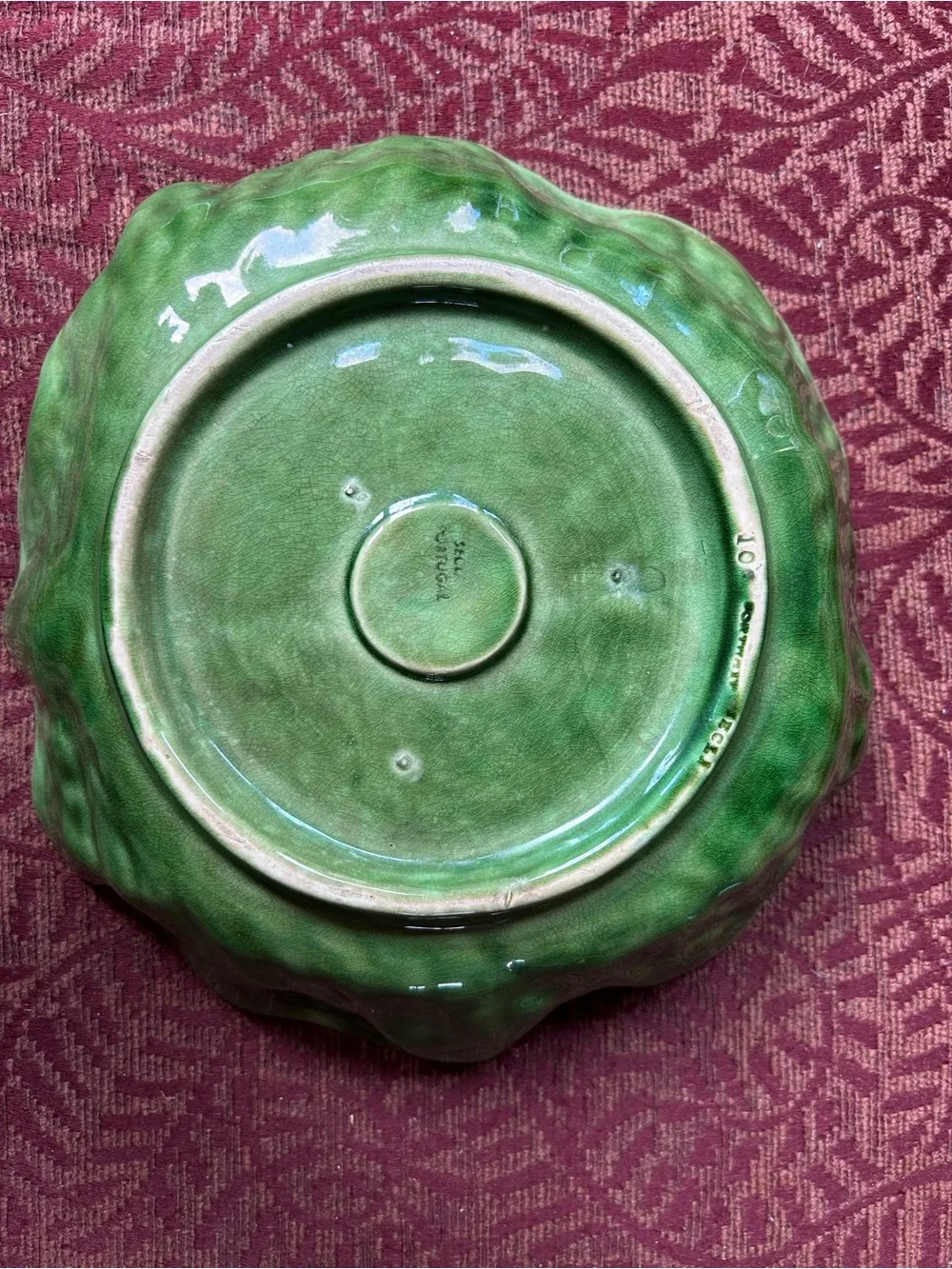 Vintage Cabbage Leaf Green Ceramic Serving Bowl Portugal 9”